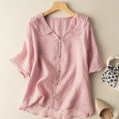 Effortless Linen Blouse for Women with Peter Pan Collar Short Sleeve Ruffle Cuff Relaxed Style