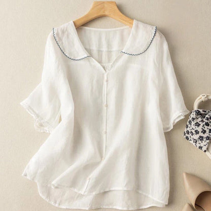 Effortless Linen Blouse for Women with Peter Pan Collar Short Sleeve Ruffle Cuff Relaxed Style