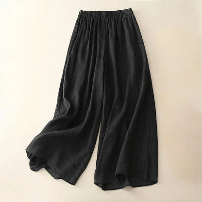 Effortless Linen Wide Leg Pants for Women with Elastic Waist Cropped Flowing Casual Style