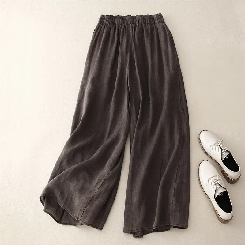 Effortless Linen Wide Leg Pants for Women with Elastic Waist Cropped Flowing Casual Style