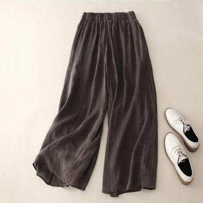 Effortless Linen Wide Leg Pants for Women with Elastic Waist Cropped Flowing Casual Style