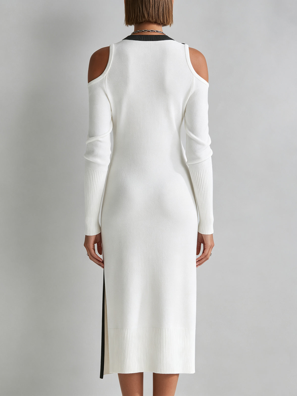 Elegant White Cold Shoulder Midi Dress for Women with Button Detail High Slit Long Sleeve