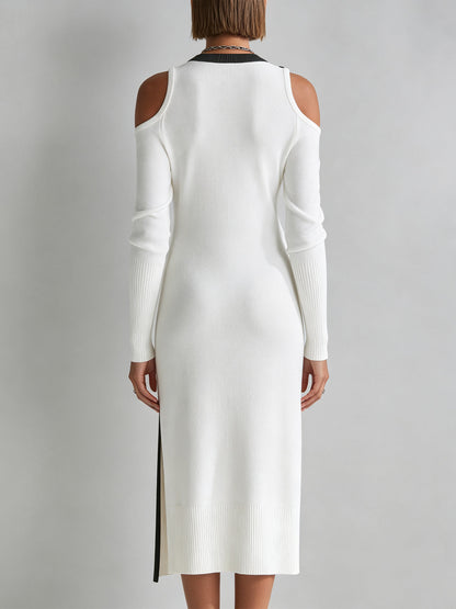 Elegant White Cold Shoulder Midi Dress for Women with Button Detail High Slit Long Sleeve