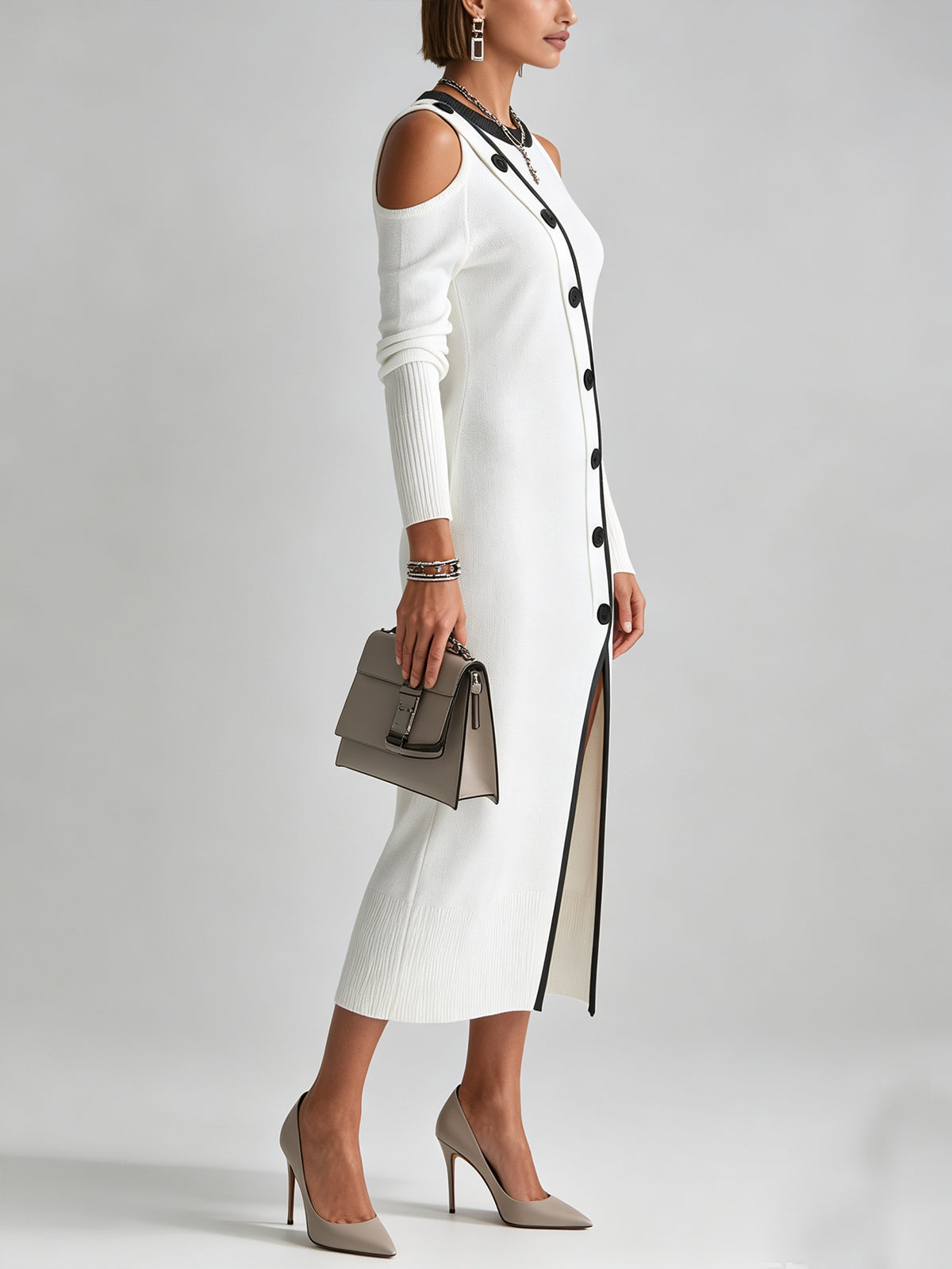 Elegant White Cold Shoulder Midi Dress for Women with Button Detail High Slit Long Sleeve