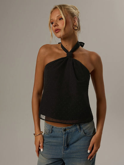 Elegant Black Swiss Dot Halter Top for Women with Twist Front Sleeveless Backless Cocktail Style