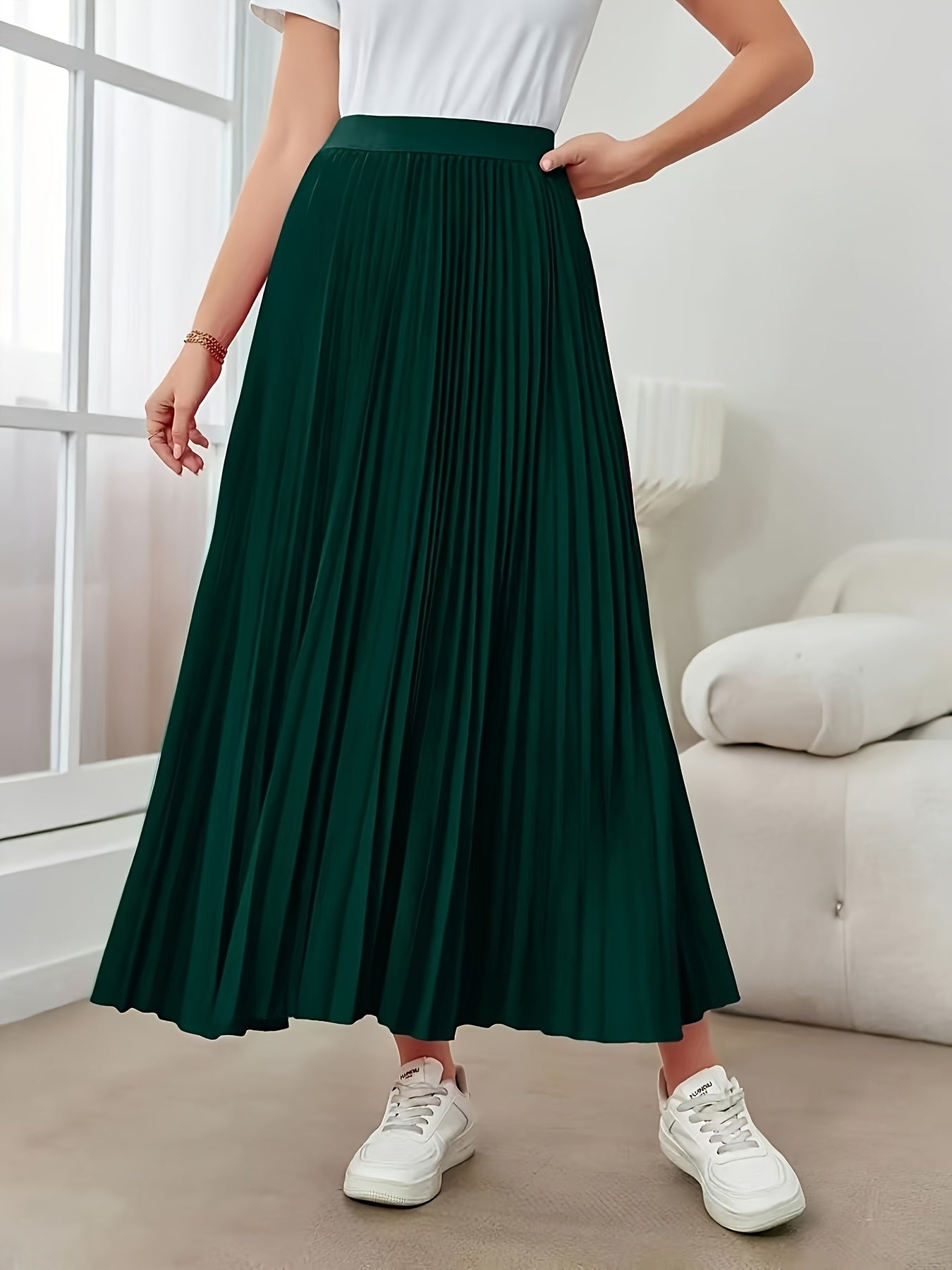 Elegant Dark Green Pleated Maxi Skirt for Women with High Waist A Line Flowing Style