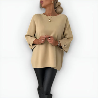 Comfortable Knit Sweater for Women with Round Neck Elbow Sleeve Button Cuff Relaxed Oversized Style