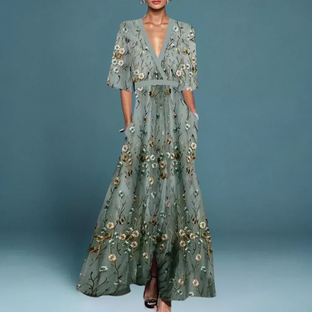 Effortless Floral Maxi Dress for Women with V Neck Kimono Sleeve Side Slit Flowing Style