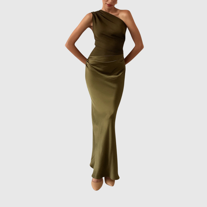 Elegant Satin Maxi Dress for Women with One Shoulder Ruched Bodice Column Formal Wedding Guest Style