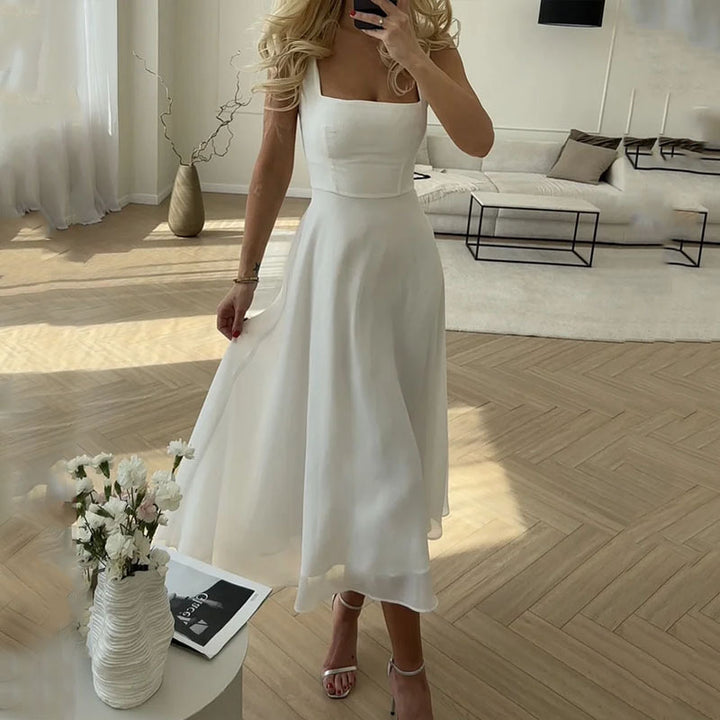 Elegant Satin Midi Dress for Women with Straight Neck Spaghetti Strap Fit and Flare Formal Wedding Guest Style