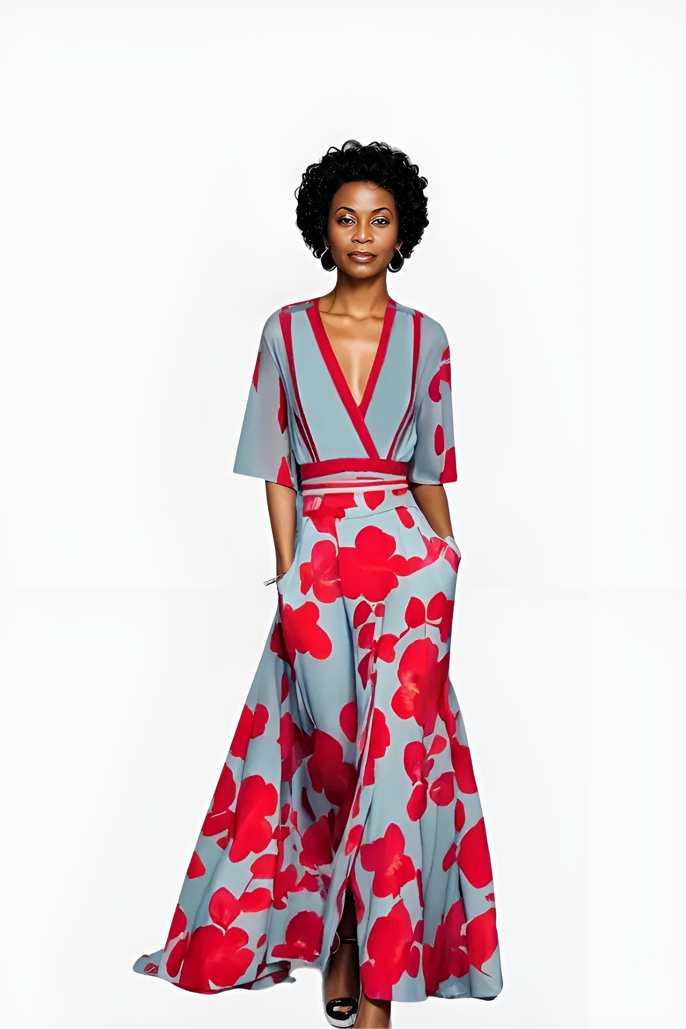 Elegant Blue Floral Maxi Dress for Women with V Neck Elbow Sleeve Wrap Flowing Style