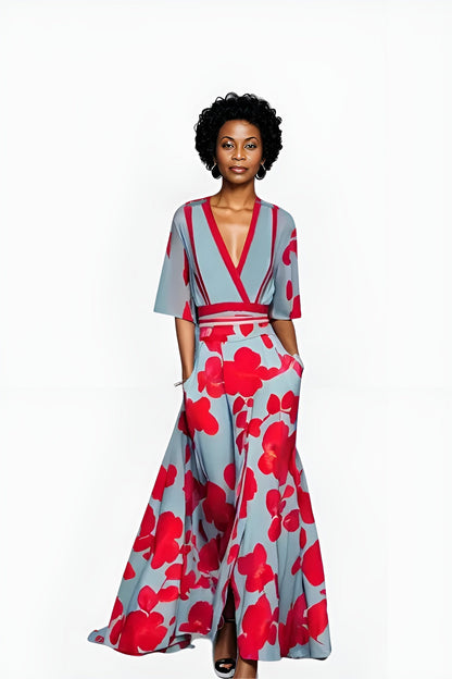 Elegant Blue Floral Maxi Dress for Women with V Neck Elbow Sleeve Wrap Flowing Style