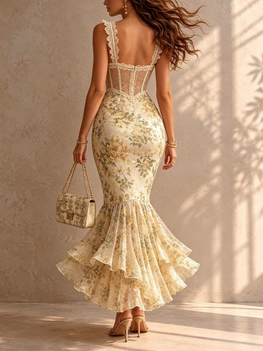 Elegant Floral Mermaid Dress for Women with Sweetheart Neckline Sleeveless Corset Ruffle Hem Formal Style