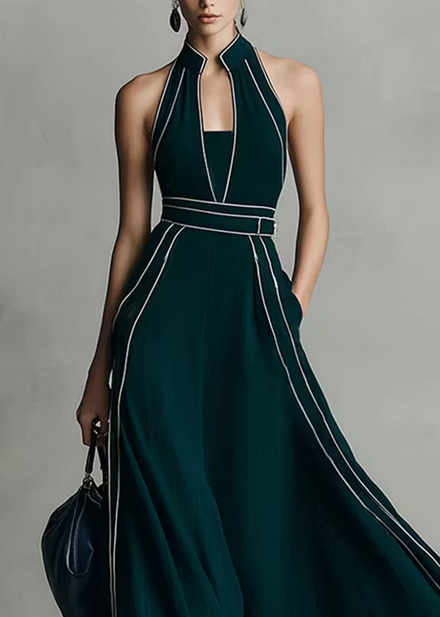 Elegant Dark Green Halter Maxi Dress for Women with Backless Flowing Chiffon Skirt Formal Wedding Guest Style