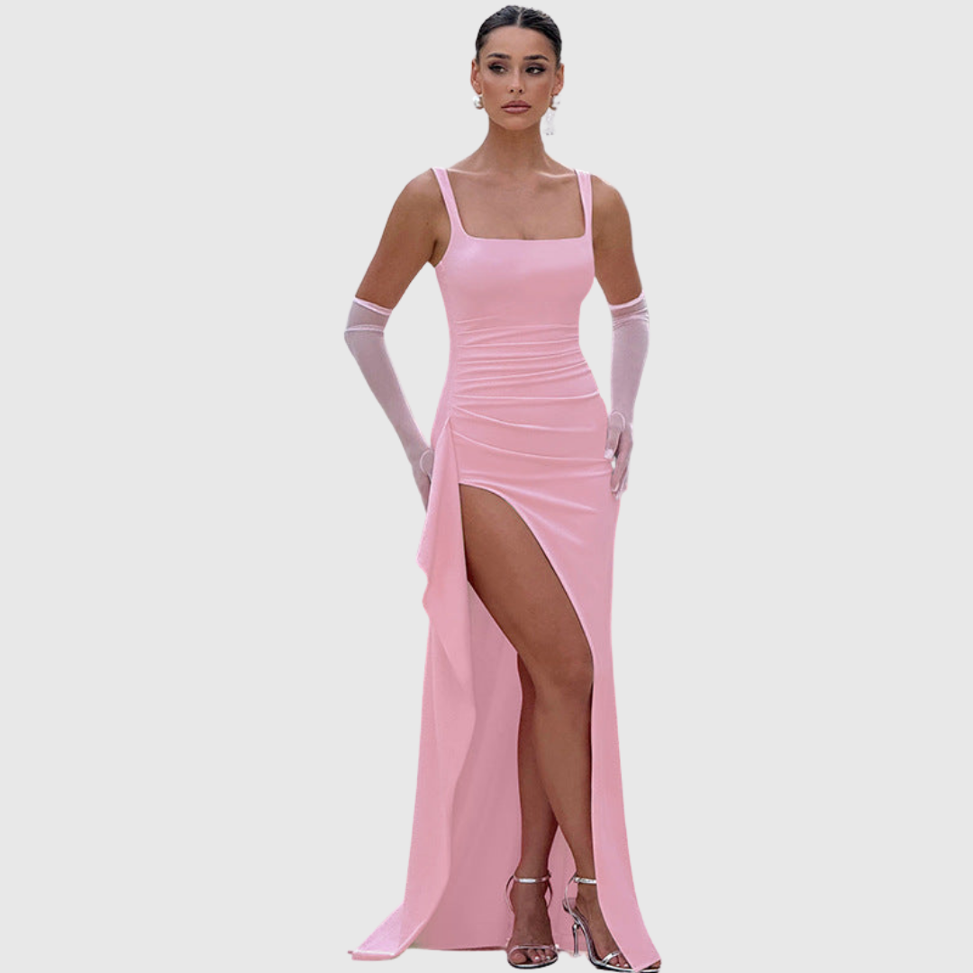 Elegant Satin Maxi Dress for Women with Square Neck Corset Bodice Thigh Slit Formal Wedding Guest Style