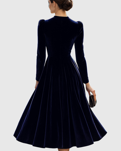 Elegant Navy Blue Velvet Maxi Dress for Women with High Neck Long Sleeve Fit and Flare Formal Wedding Guest Style