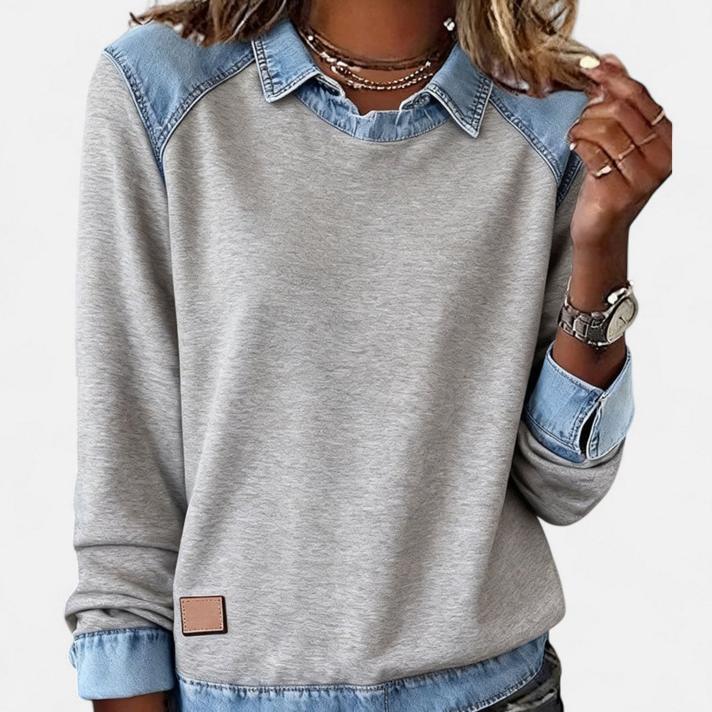 Effortless Denim Colorblock Sweatshirt for Women with Shirt Collar Long Sleeve Raglan Contrast Casual Style