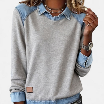 Effortless Denim Colorblock Sweatshirt for Women with Shirt Collar Long Sleeve Raglan Contrast Casual Style