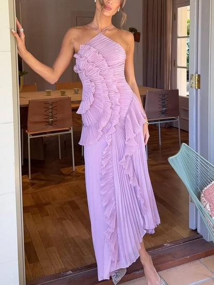 Elegant Tiered Ruffle Midi Dress for Women with One Shoulder Flowy Formal Wedding Guest Style