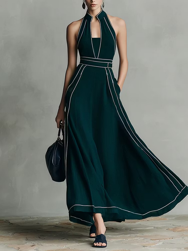 Elegant Dark Green Halter Maxi Dress for Women with Backless Flowing Chiffon Skirt Formal Wedding Guest Style