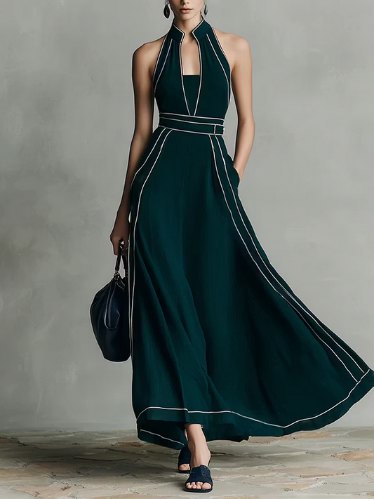 Elegant Dark Green Halter Maxi Dress for Women with Backless Flowing Chiffon Skirt Formal Wedding Guest Style