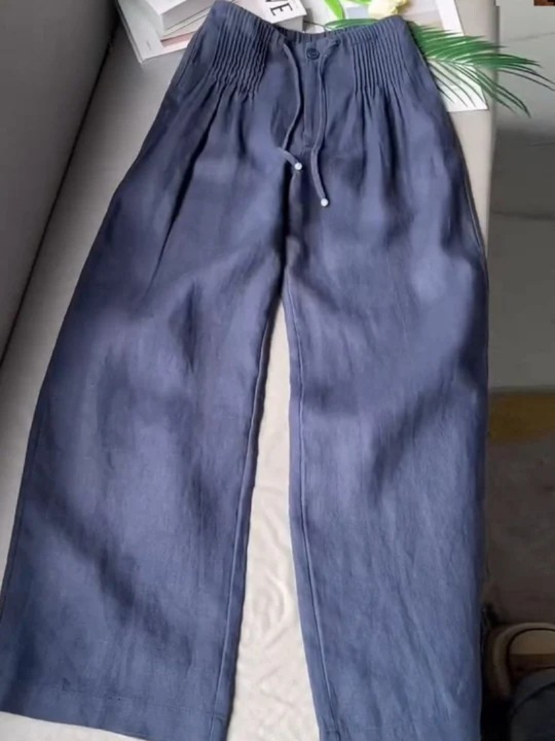 Effortless Linen Wide Leg Pants for Women with Smocked Waist Drawstring Relaxed Flowing Style
