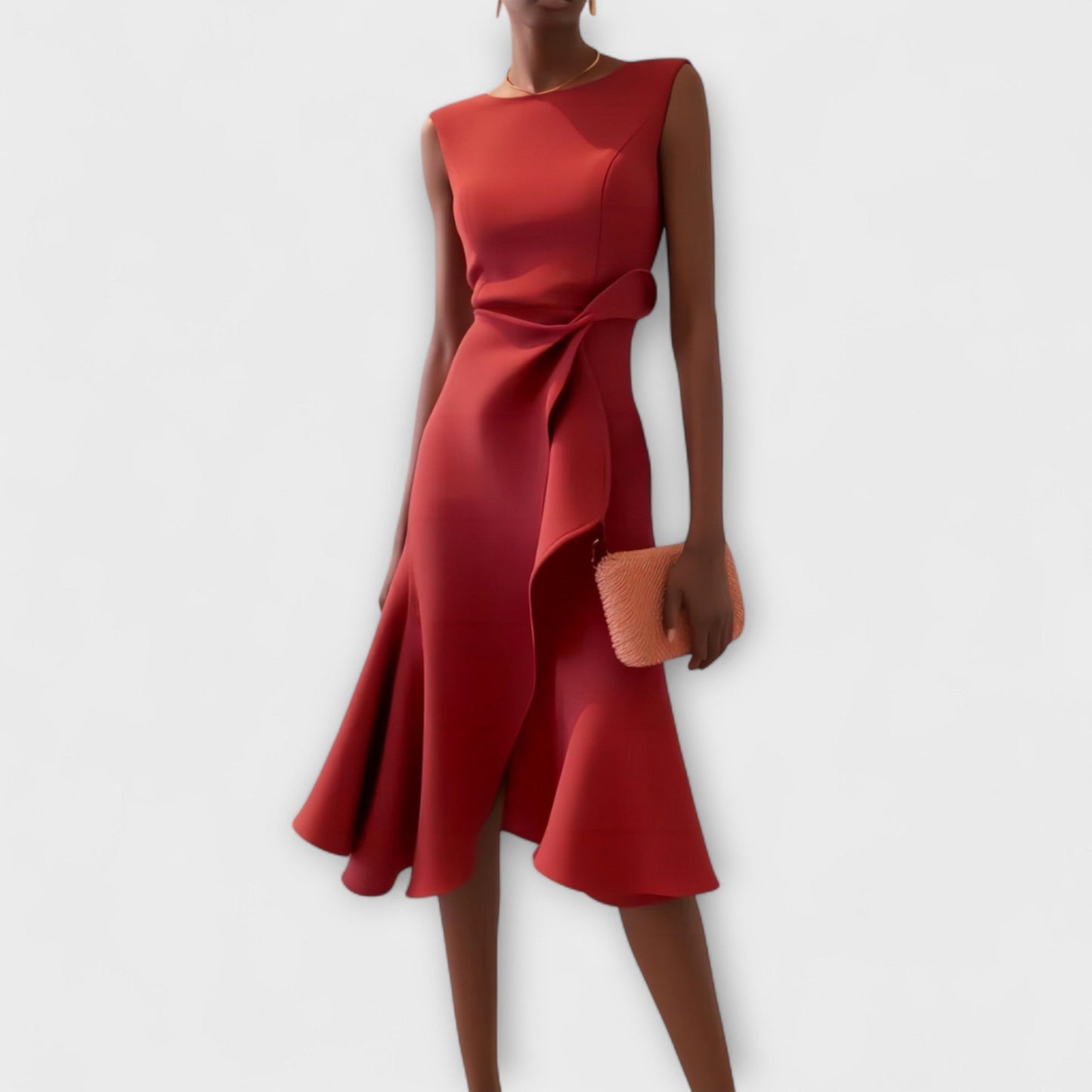 Elegant Satin Midi Dress for Women with Round Neck Sleeveless Draped Wrap Ruffle Formal Wedding Guest Style