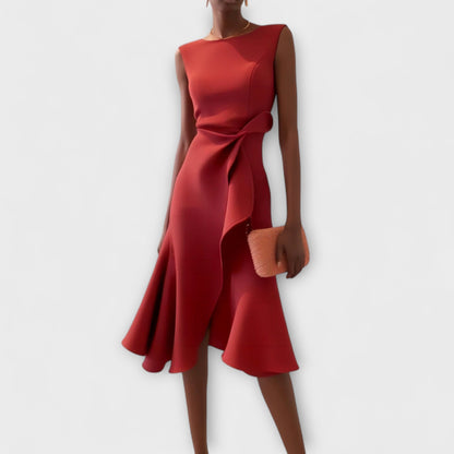 Elegant Satin Midi Dress for Women with Round Neck Sleeveless Draped Wrap Ruffle Formal Wedding Guest Style