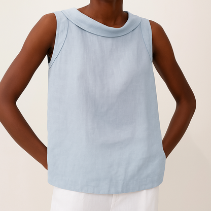 Effortless Linen Blouse for Women with Folded Collar Sleeveless Relaxed Curved Hem Casual Style