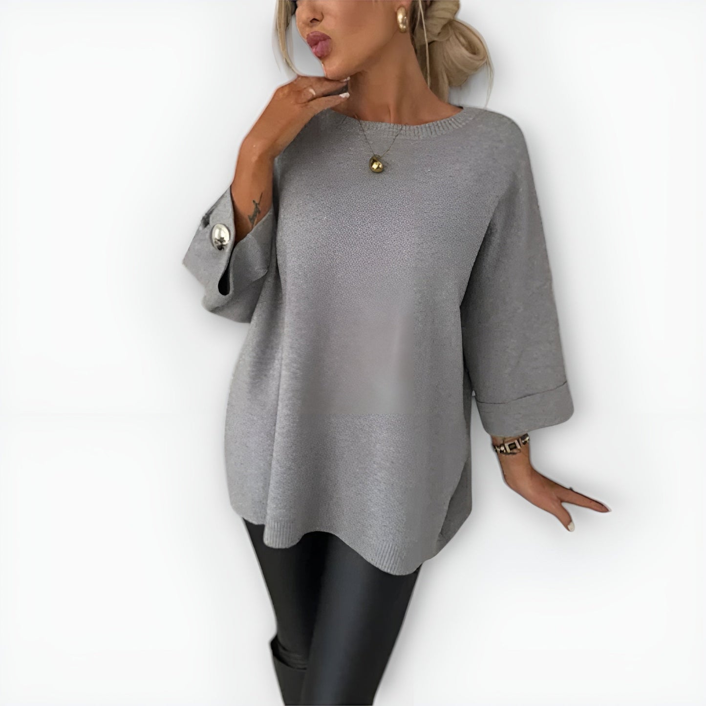 Comfortable Knit Sweater for Women with Round Neck Elbow Sleeve Button Cuff Relaxed Oversized Style