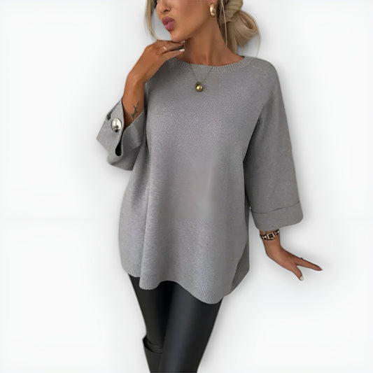 Comfortable Knit Sweater for Women with Round Neck Elbow Sleeve Button Cuff Relaxed Oversized Style
