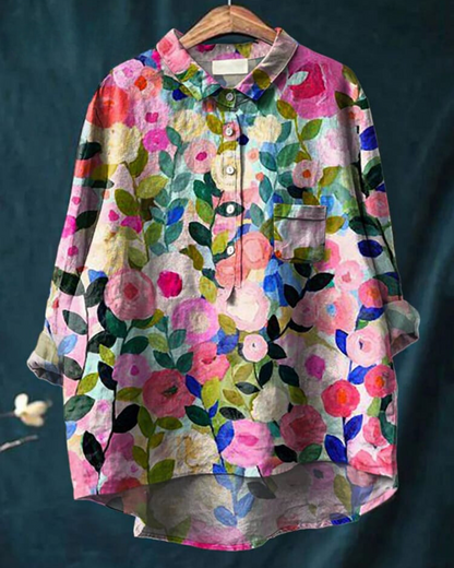 Effortless Floral Blouse for Women with Collar Long Sleeve Button Front High Low Hem Style