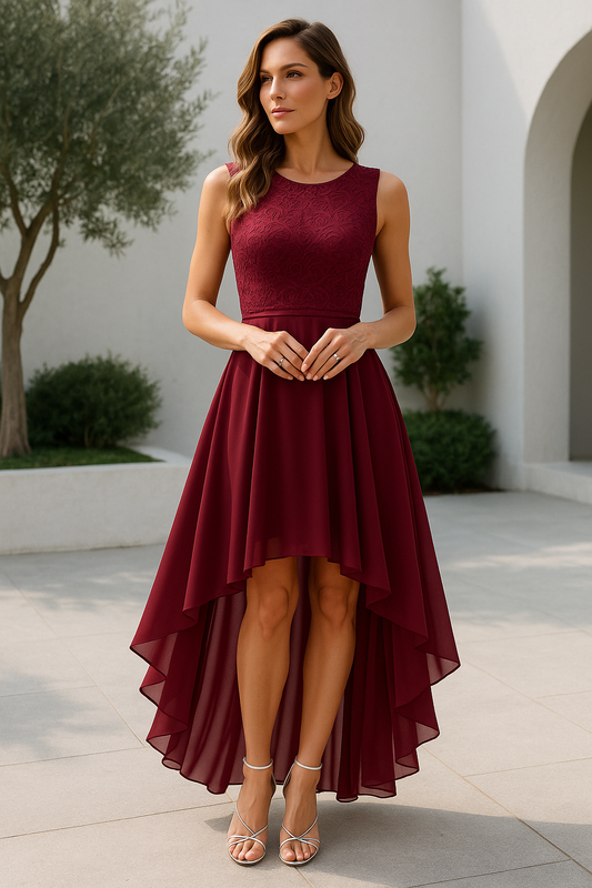 Elegant Maxi Dress for Women with Round Neck Sleeveless High Low Tulle Hem Formal Wedding Guest Style