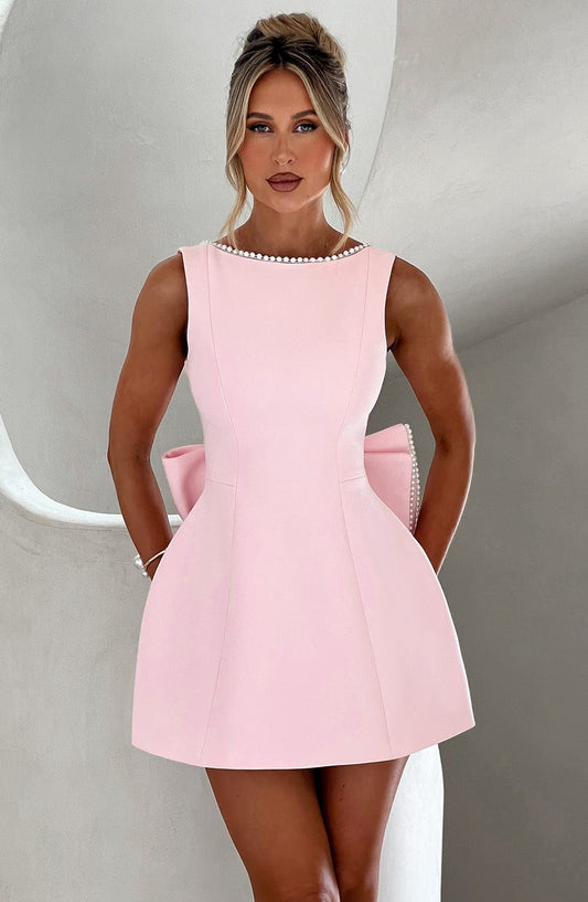 Stylish Mini Dress for Women with Round Neck Sleeveless Bow Back Flared Cocktail Style