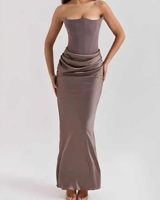 Elegant Satin Maxi Dress for Women with Strapless Ruched Bodice Column Formal Wedding Guest Style