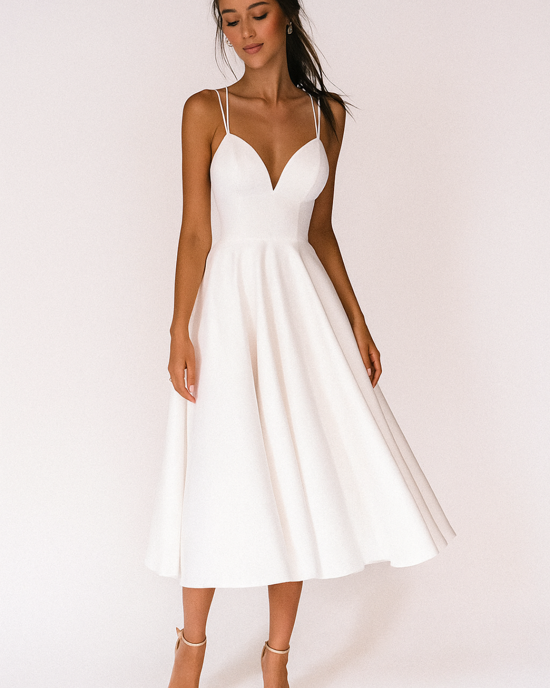 Elegant Midi Dress for Women with Deep V Neck Spaghetti Strap Full Skirt Formal Wedding Guest Style