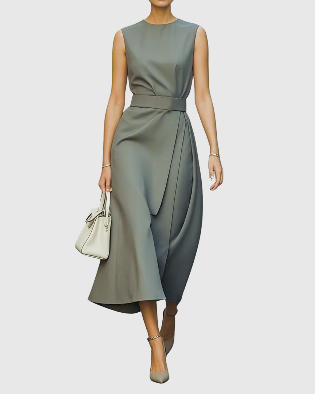 Elegant Satin Midi Dress for Women with Round Neck Sleeveless Wrap Waist Formal Wedding Guest Style