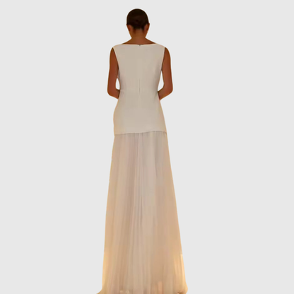 Elegant Chiffon Maxi Dress for Women with Boat Neck Sleeveless Drop Waist Formal Wedding Guest Style