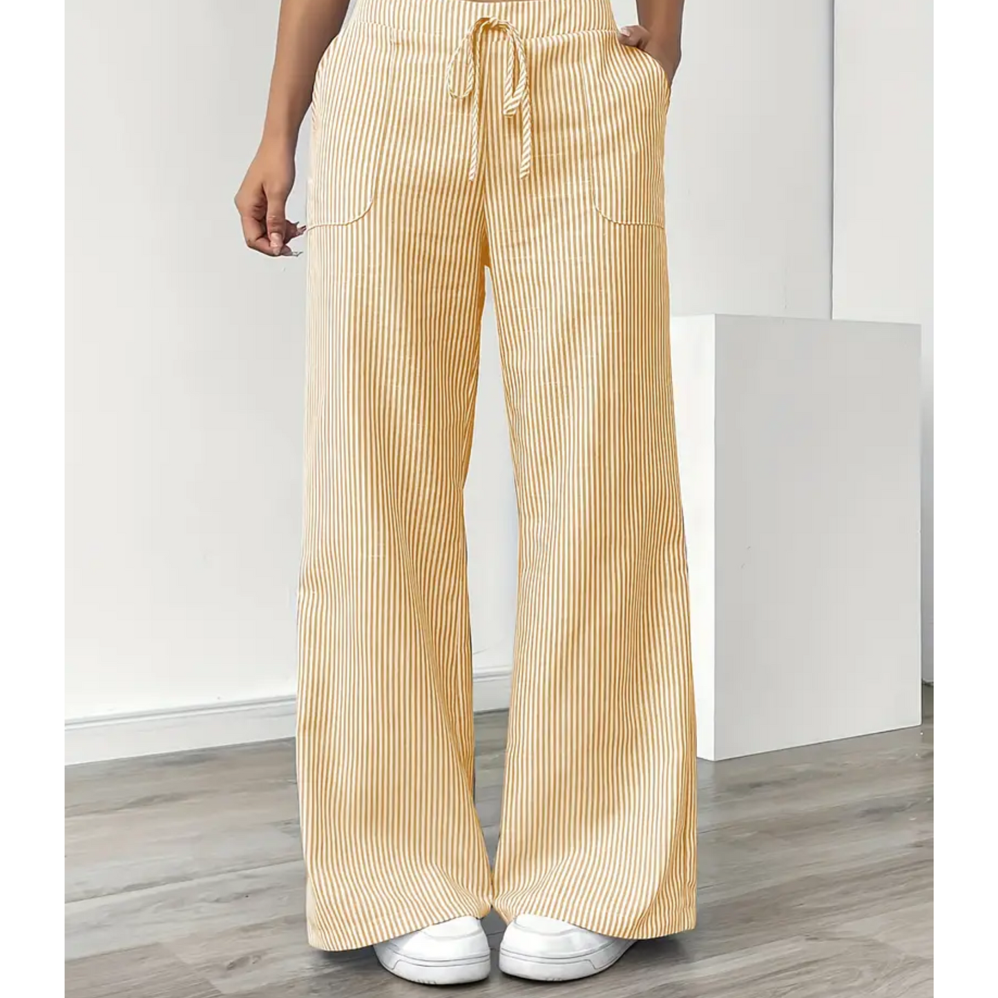 Effortless Striped Wide Leg Pants for Women with High Waist Drawstring Side Pocket Relaxed Casual Style