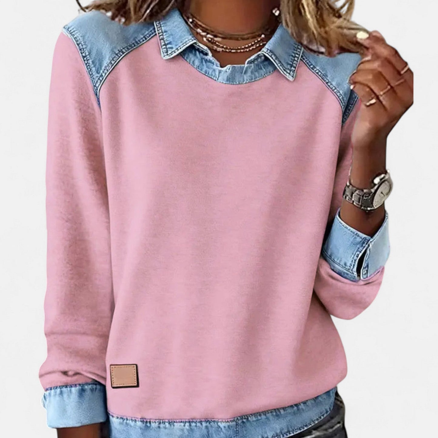 Effortless Denim Colorblock Sweatshirt for Women with Shirt Collar Long Sleeve Raglan Contrast Casual Style