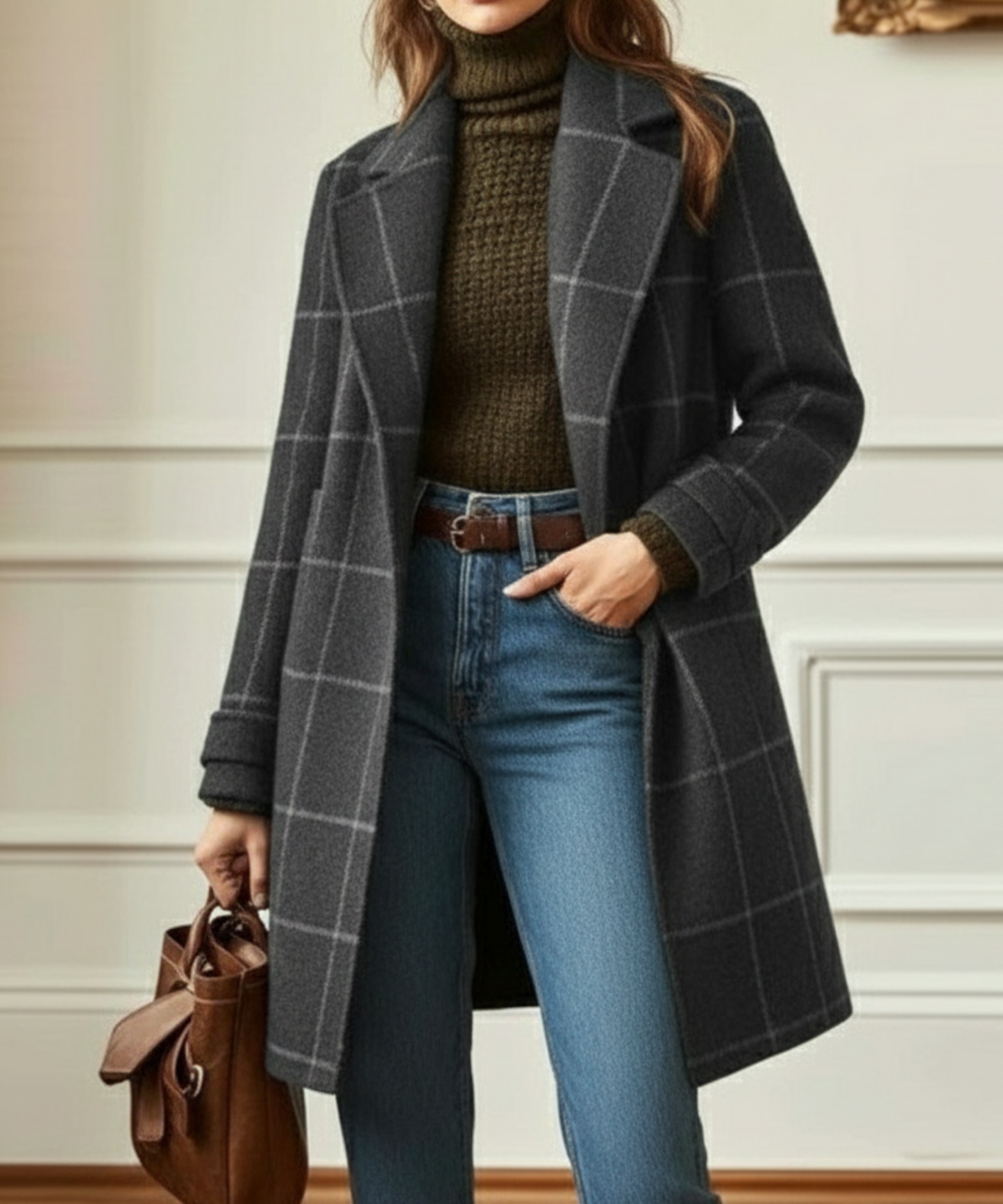 Elegant Plaid Wool Coat for Women with Notch Lapel Long Sleeve Button Front Relaxed Style