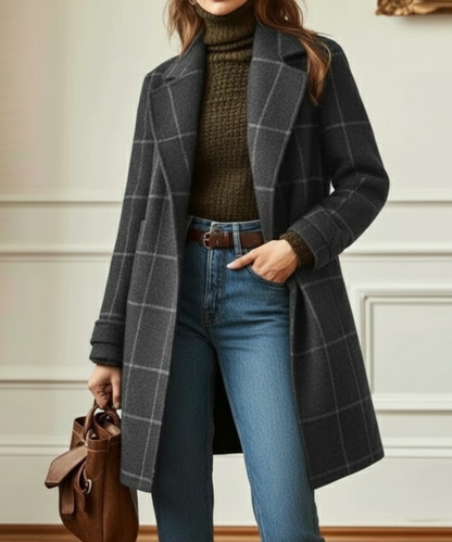 Elegant Plaid Wool Coat for Women with Notch Lapel Long Sleeve Button Front Relaxed Style