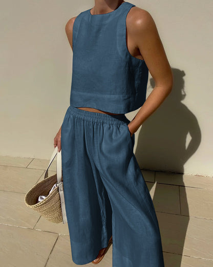Effortless Linen Wide Leg Set for Women with Square Neck Sleeveless Elastic Waist Two Piece Style