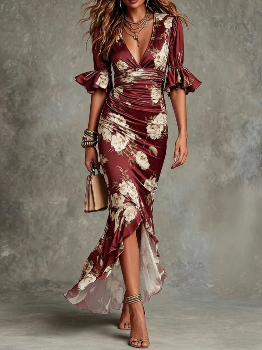 Elegant Floral Satin Maxi Dress for Women with V Neck Flutter Sleeve Ruched Mermaid Flowing Style