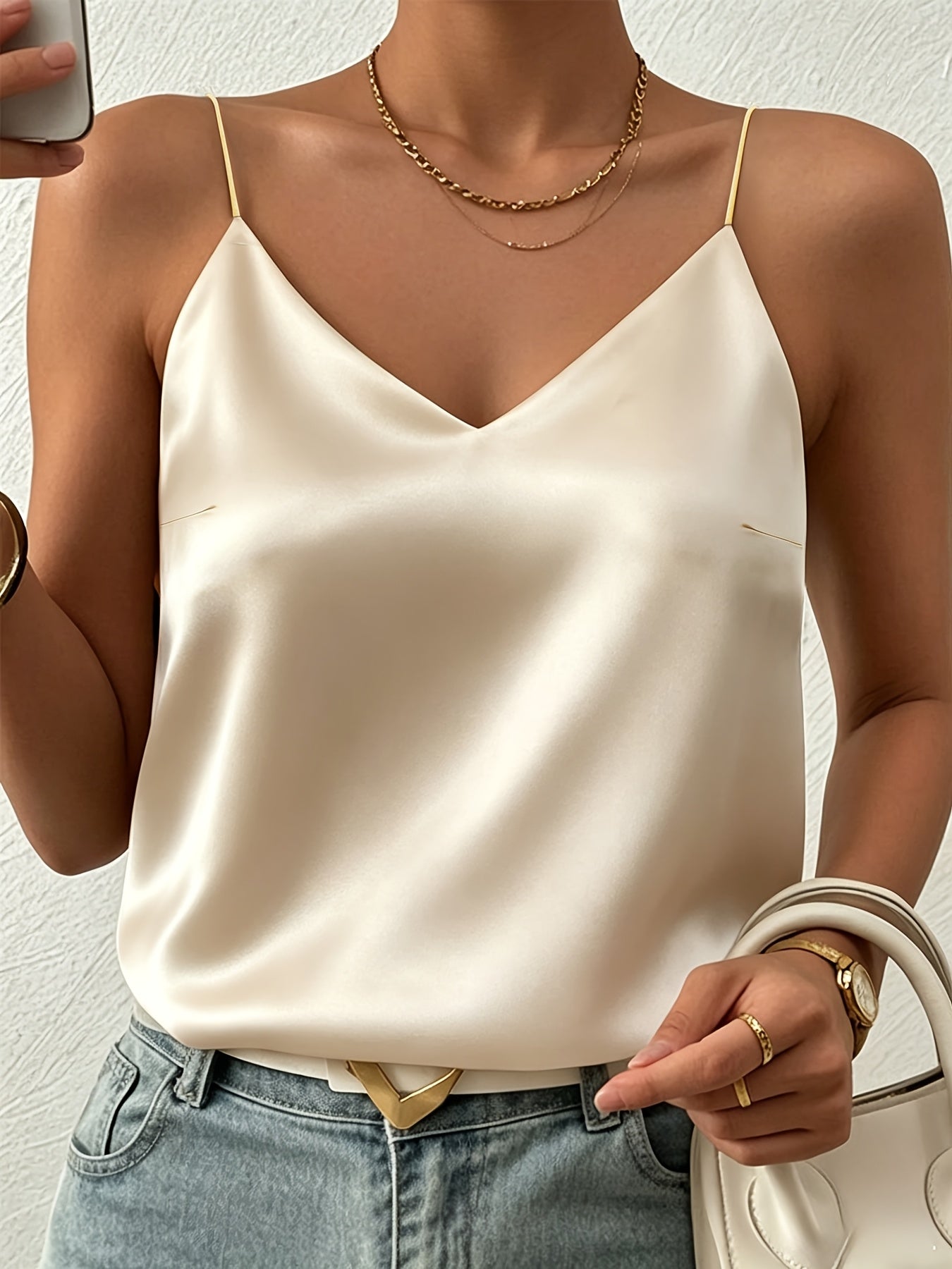 Elegant Satin Cami Tank Top for Women with V Neck Spaghetti Strap Relaxed Silky Style