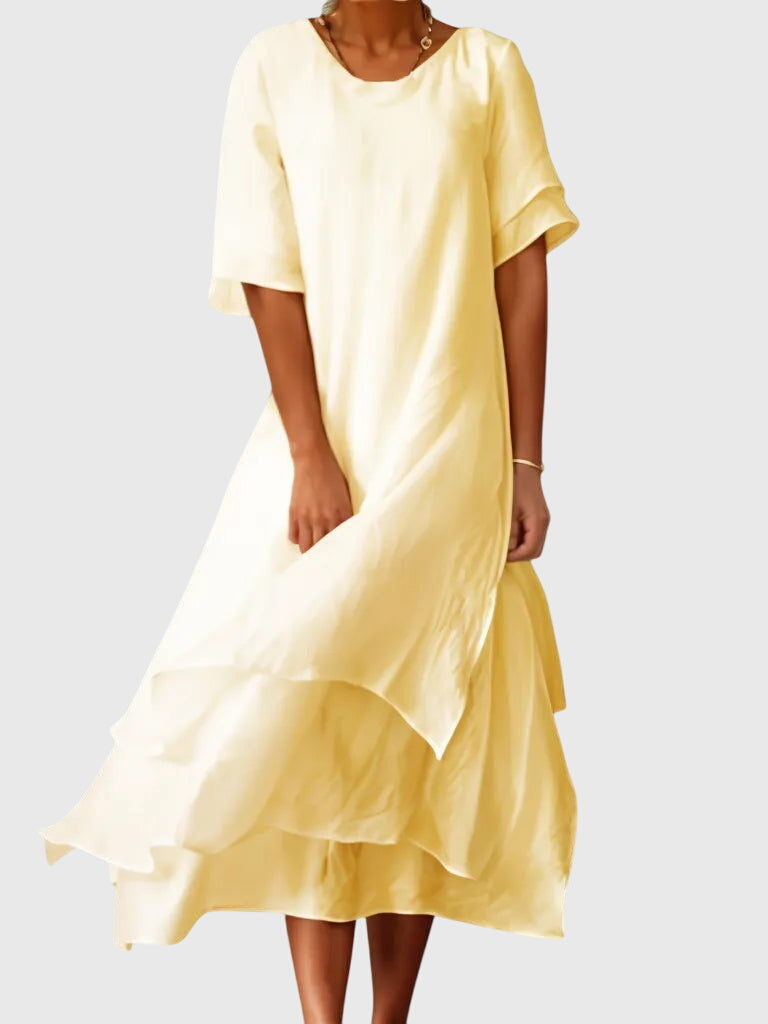 Elegant Chiffon Midi Dress for Women with Round Neck Short Sleeve Tiered Ruffle Formal Wedding Guest Style