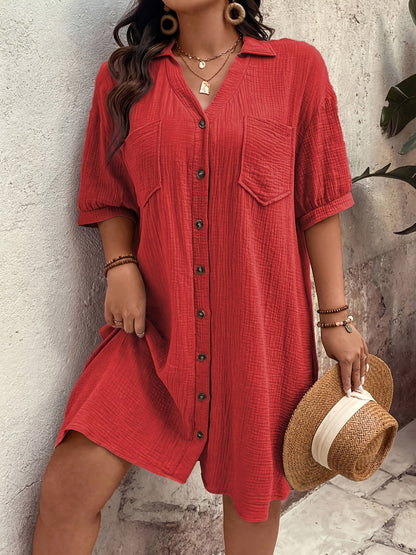 Effortless Textured Cotton Shirt Dress for Women with Collar Elbow Sleeve Button Front Patch Pocket Casual Style