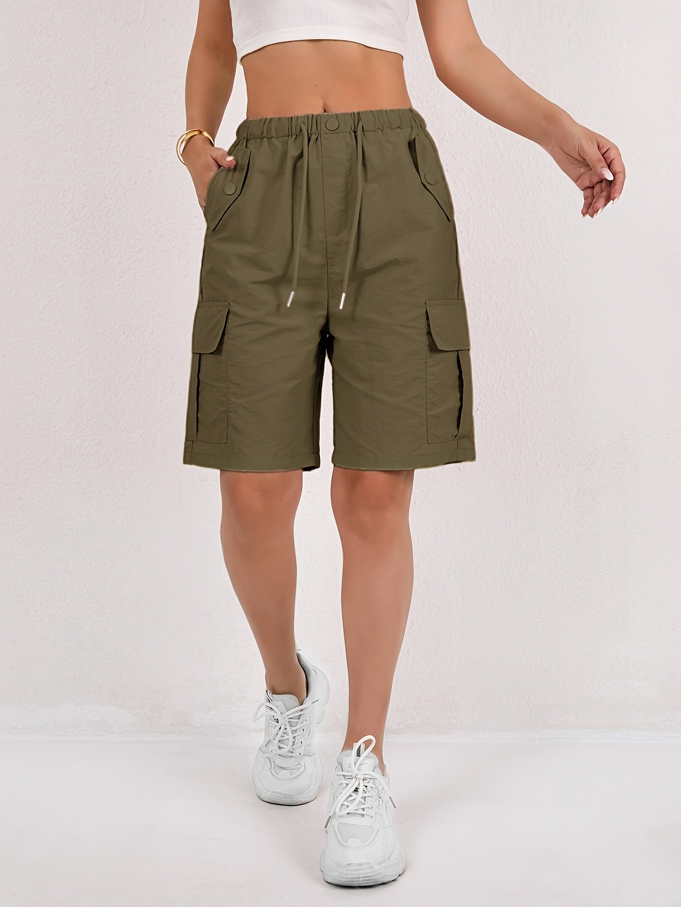 Effortless Pink Cargo Shorts for Women with Elastic Waist Drawstring Flap Pocket Relaxed Casual Style