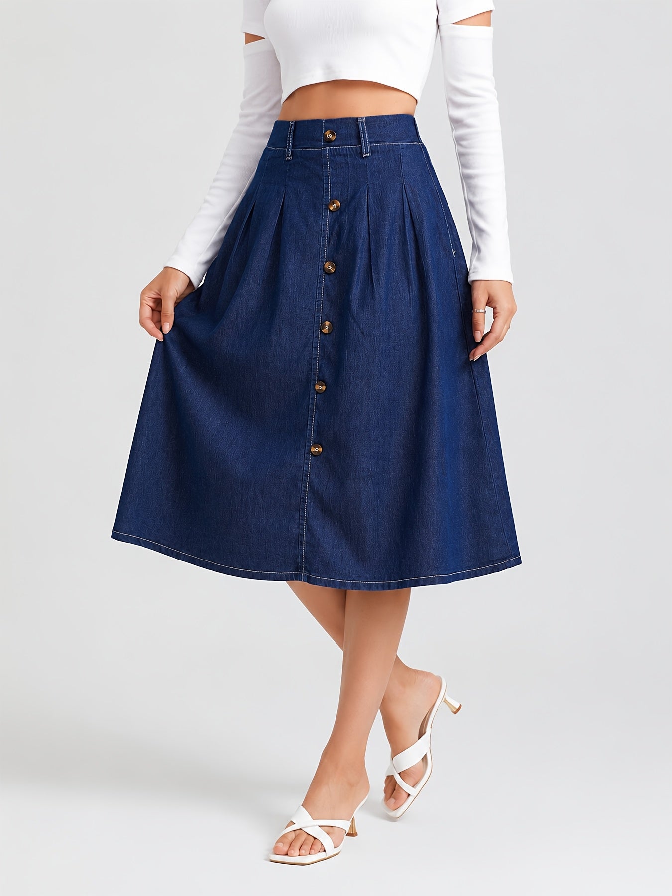 Effortless Medium Blue Denim Midi Skirt for Women with Button Front A Line Pleated Style