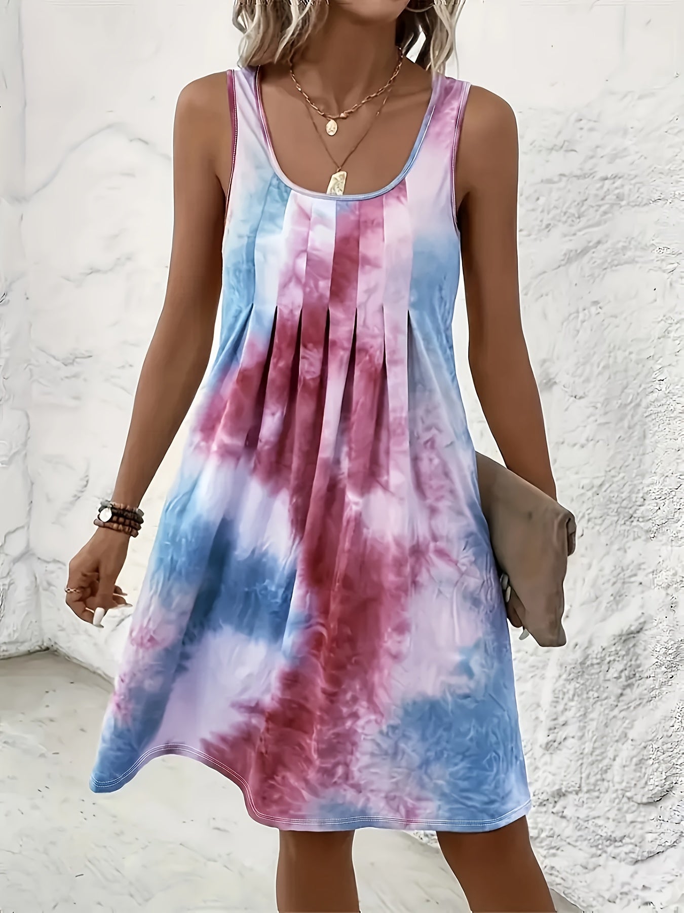 Effortless Tie Dye Mini Dress for Women with Scoop Neck Sleeveless Pleated Flowy Bohemian Style